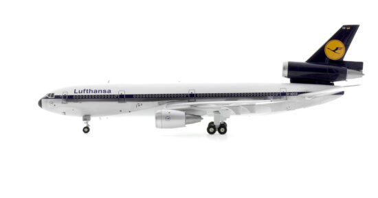 Port side view of the 1/200 scale diecast model of the McDonnell Douglas DC-10-30 registration D-ADCO in Lufthansa livery circa the 1980s - JFox JF-DC10-3-011P