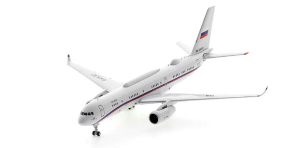 Front port side view of the 1/400 scale diecast model of the Tupolev Tu-214PU-SBUS, registration RA-64530 of the Russian Aerospace Forces (VKS) - NG Models 40018