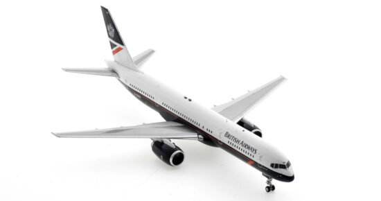 Front starboard side view of the 1/200 scale diecast model of the Boeing 757-200 registration G-BIKN in British Airways Landor livery - NG Models 4208