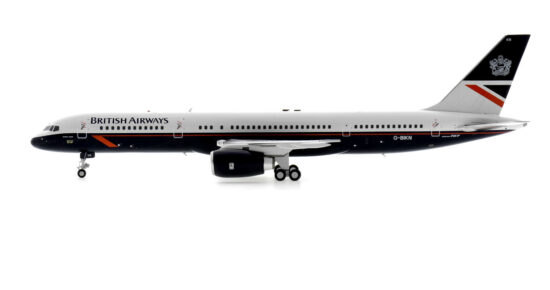 Port side view of the 1/200 scale diecast model of the Boeing 757-200 registration G-BIKN in British Airways Landor livery - NG Models 4208
