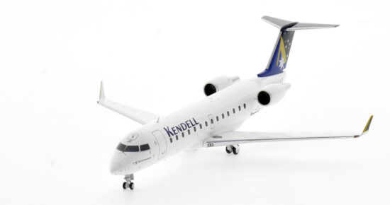 Front port side view of the 1/200 scale diecast model of the Bombardier CRJ200ER, registration VH-KJF, named "City of Launceston"  in Kendell Airlines livery - NG Models 52086