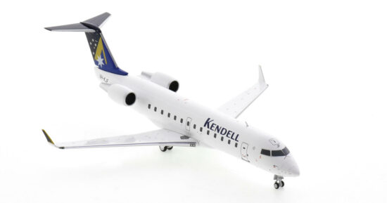 Front starboard side view of the 1/200 scale diecast model of the Bombardier CRJ200ER, registration VH-KJF, named "City of Launceston"  in Kendell Airlines livery - NG Models 52086