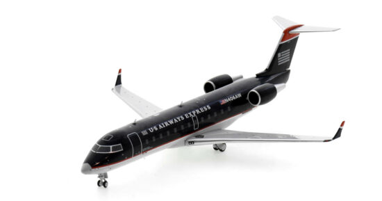 Front port side view of the 1/200 scale diecast model of the Bombardier CRJ200LR, registration N406AW in US Airways Express livery - NG Models NG52050