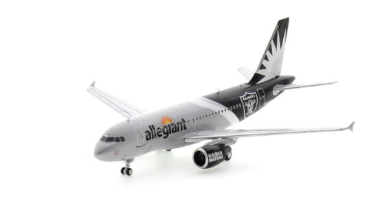 Front port side view of the 1/400 scale diecast model of the Airbus A319-100, registration N328NV in Allegiant Air "Las Vegas Raiders" livery - Panda Models 52318