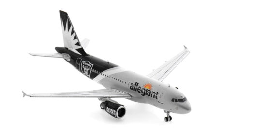 Front starboard side view of the 1/400 scale diecast model of the Airbus A319-100, registration N328NV in Allegiant Air "Las Vegas Raiders" livery - Panda Models 52318