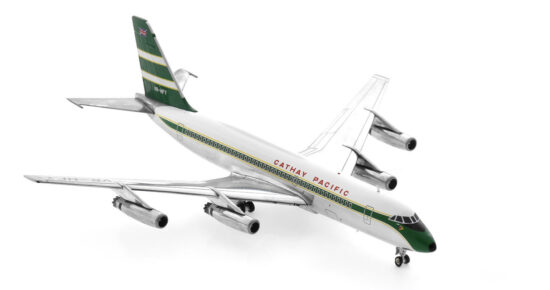 Front starboard side view of the 1/200 scale diecast model of the Convair 880-22M registration VR-HFY in Cathay Pacific Airways livery, circa 1970 - WhiteBox WB-CV880-004P