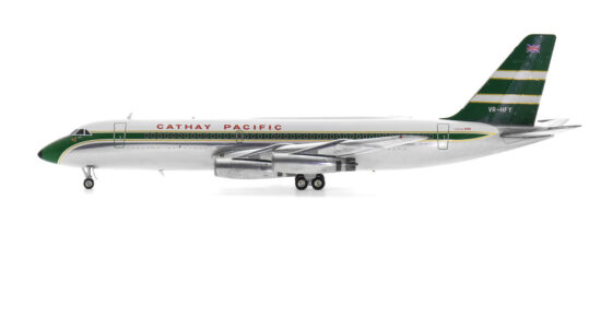 Port side view of the 1/200 scale diecast model of the Convair 880-22M registration VR-HFY in Cathay Pacific Airways livery, circa 1970 - WhiteBox WB-CV880-004P